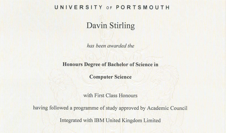 Davin received a First Class Bachelor of Science Honours Degree in Computer Science, Integrated with IBM UK, from the University of Portsmouth