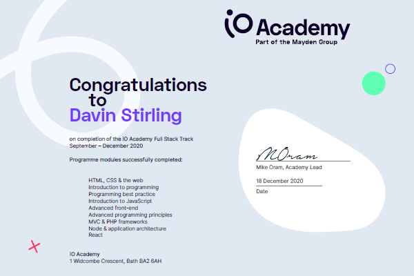 Certificate of Completion for the iO Academy Full Stack Web Development Course, awarded to Davin Stirling
