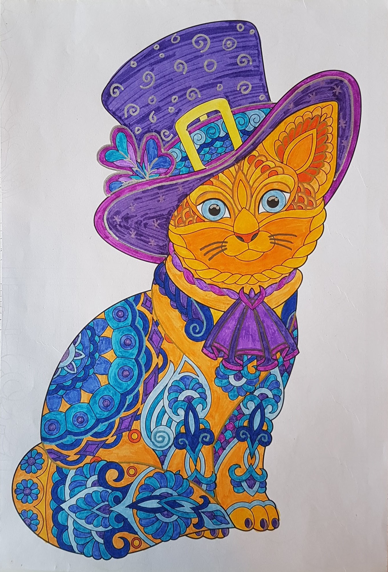Cat with orange body fur, wearing a purple top hat and fancy collar, with artistic blue markings on its fur