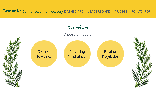 Screenshot of the Lemonie Mental Health Exercises website - the prototype contains 2 exercises and elements of gamification