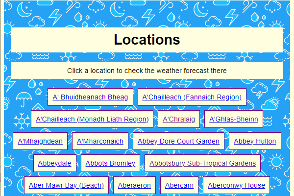 Python Weather website showing a list of locations to choose from