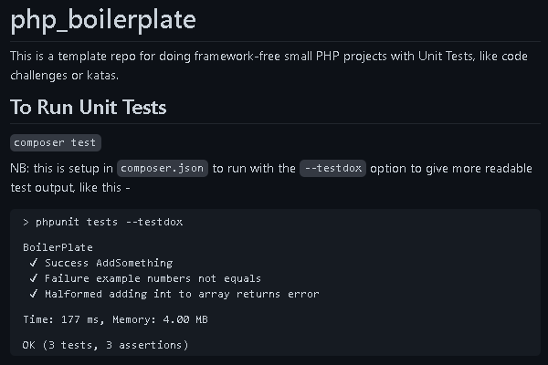 Screenshot of the PHP Template with Unit Tests for Code Kata